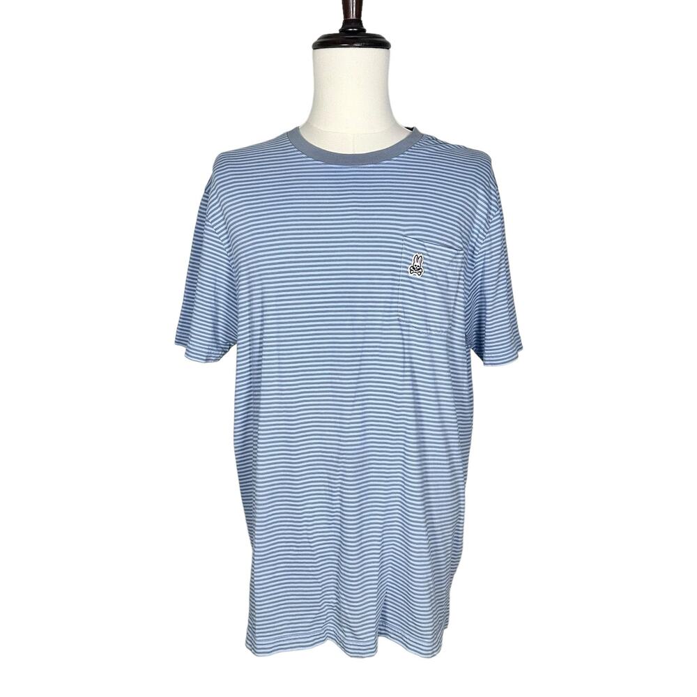 Psycho Bunny | Men | Sky Blue Cotton Striped Pocket Tee | Size 7 XL
